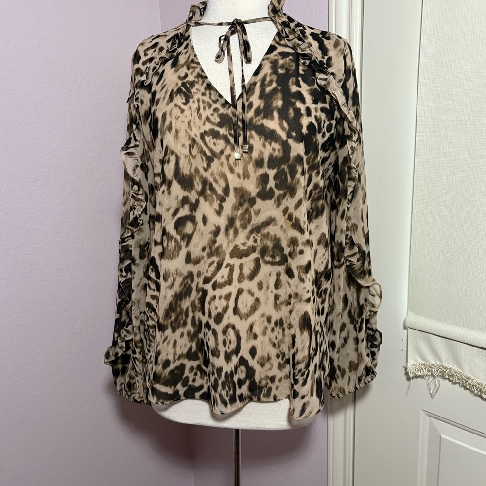 Calvin Klein Collection Tan Long Sleeve Tie Front Blouse. Size L